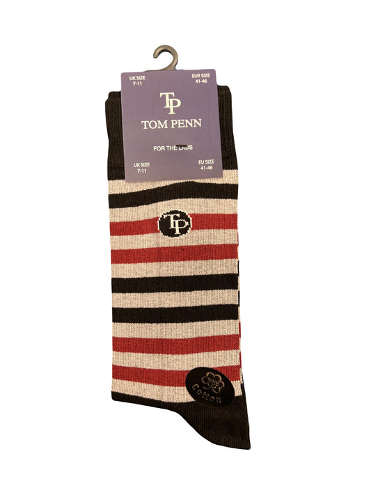 Tom Penn 100% Cotton Sock - Burgundy Grey Stripe