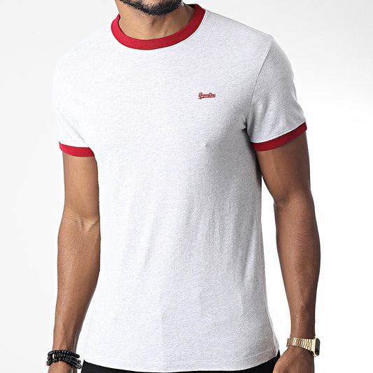 Superdry Organic Cotton Essential Logo Ringer T-Shirt - Glacier Grey Mark/Red