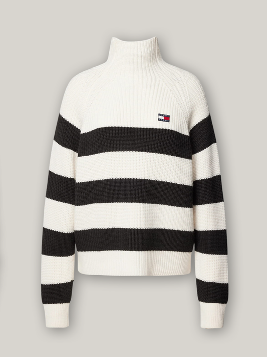 Tommy Jeans - Stripe Mock Neck Logo Jumper - Monochrome