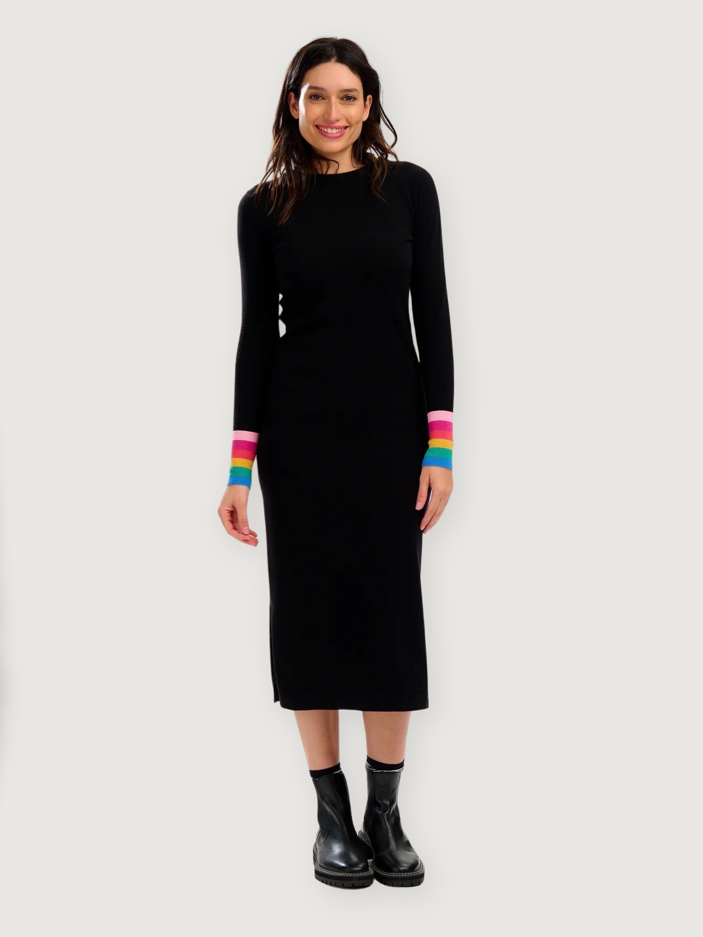 Sugarhill Brighton - Liselle Midi Knit Dress - Black, Rainbow Stripe Cuffs