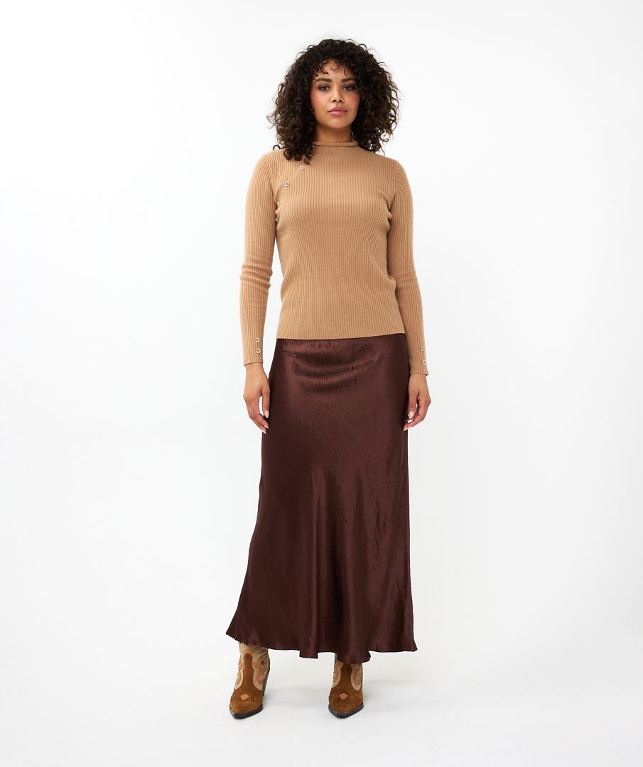 EsQualo - Crushed Satin Midi Skirt - Chocolate