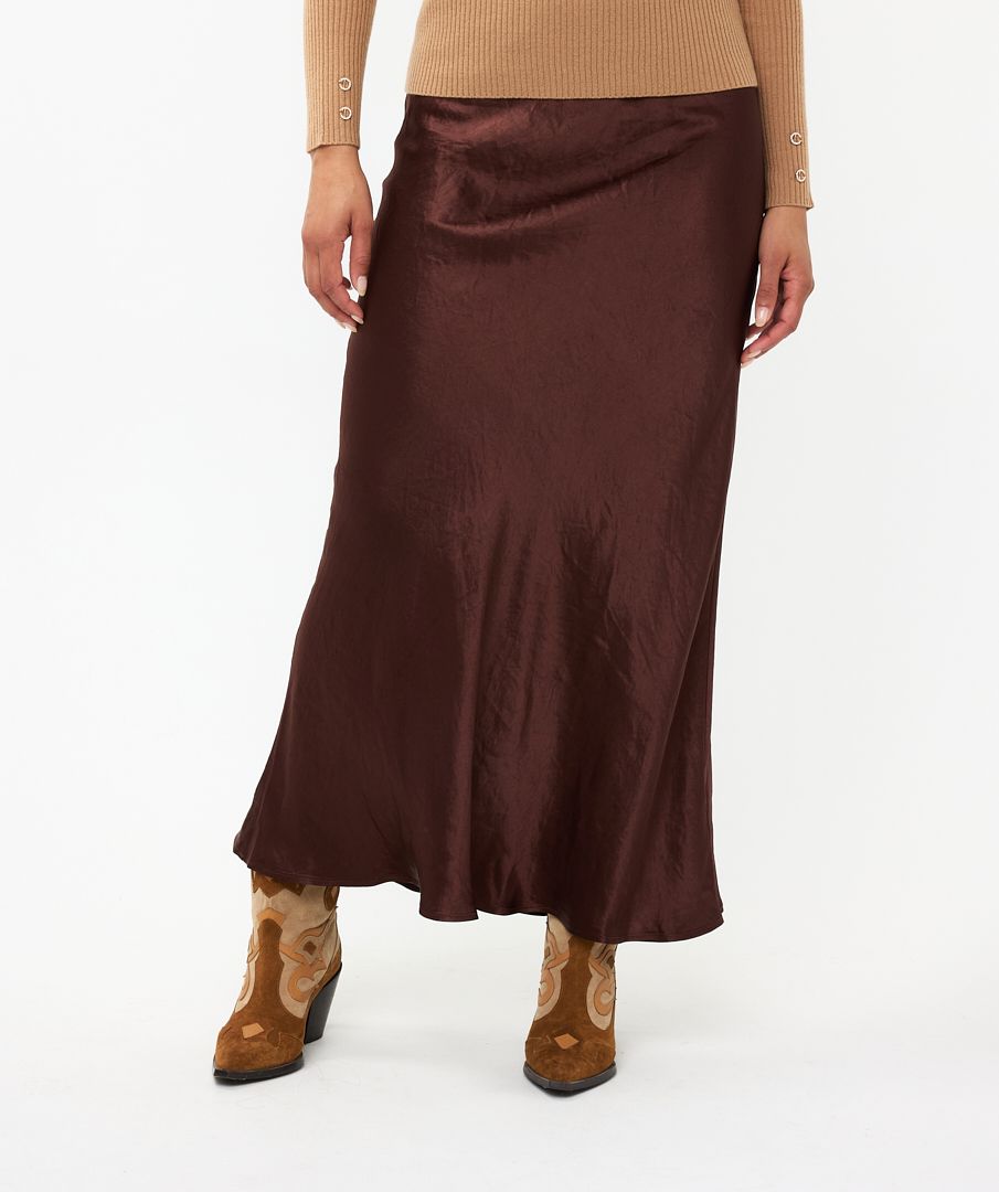 EsQualo - Crushed Satin Midi Skirt - Chocolate