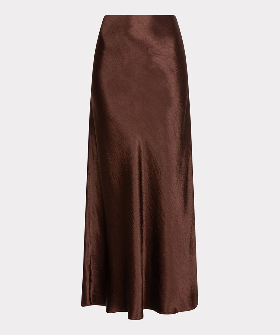 EsQualo - Crushed Satin Midi Skirt - Chocolate