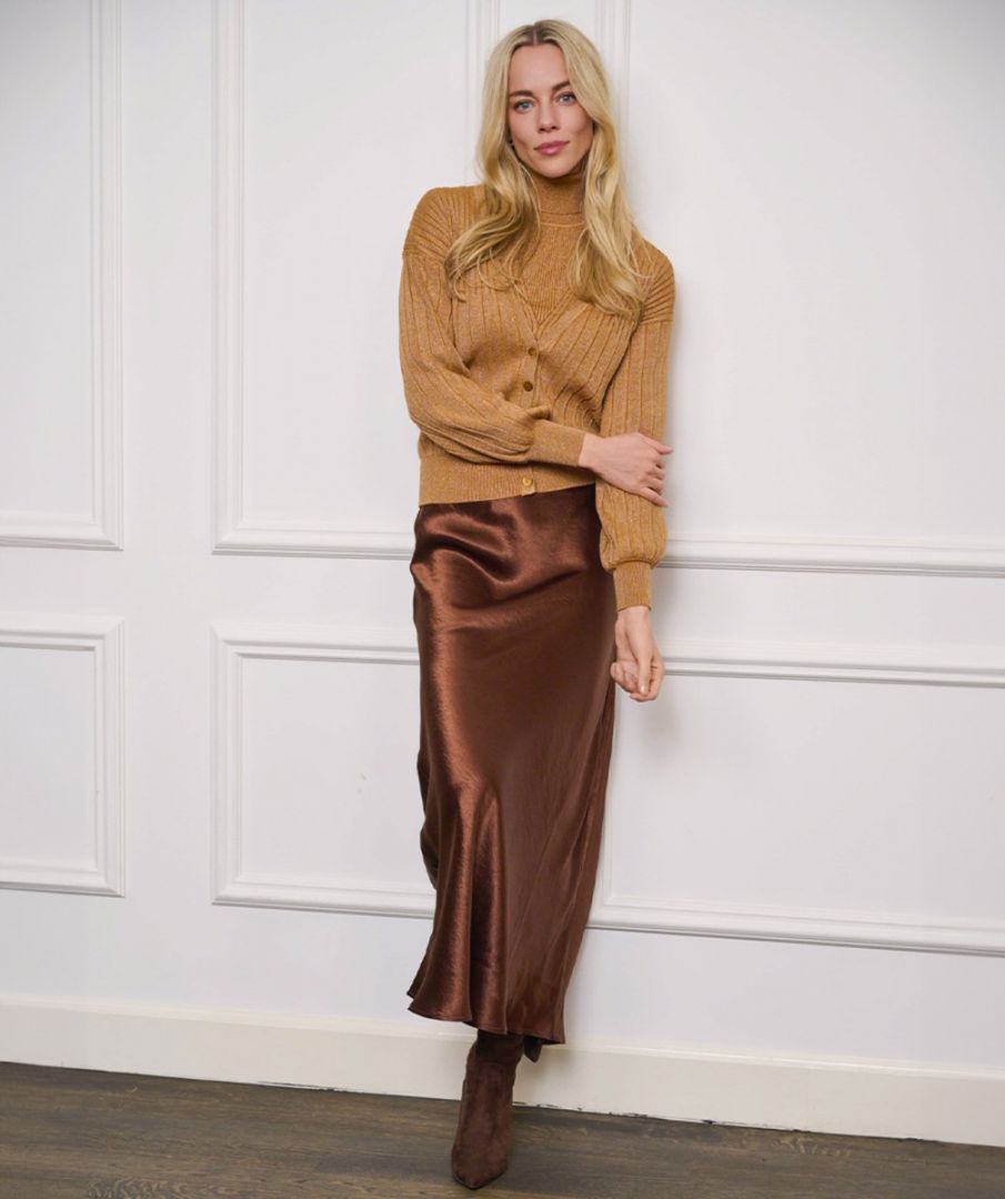 EsQualo - Crushed Satin Midi Skirt - Chocolate