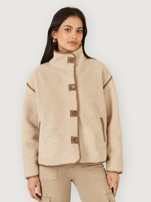 Yumi - Borg High Neck Jacket - Beige