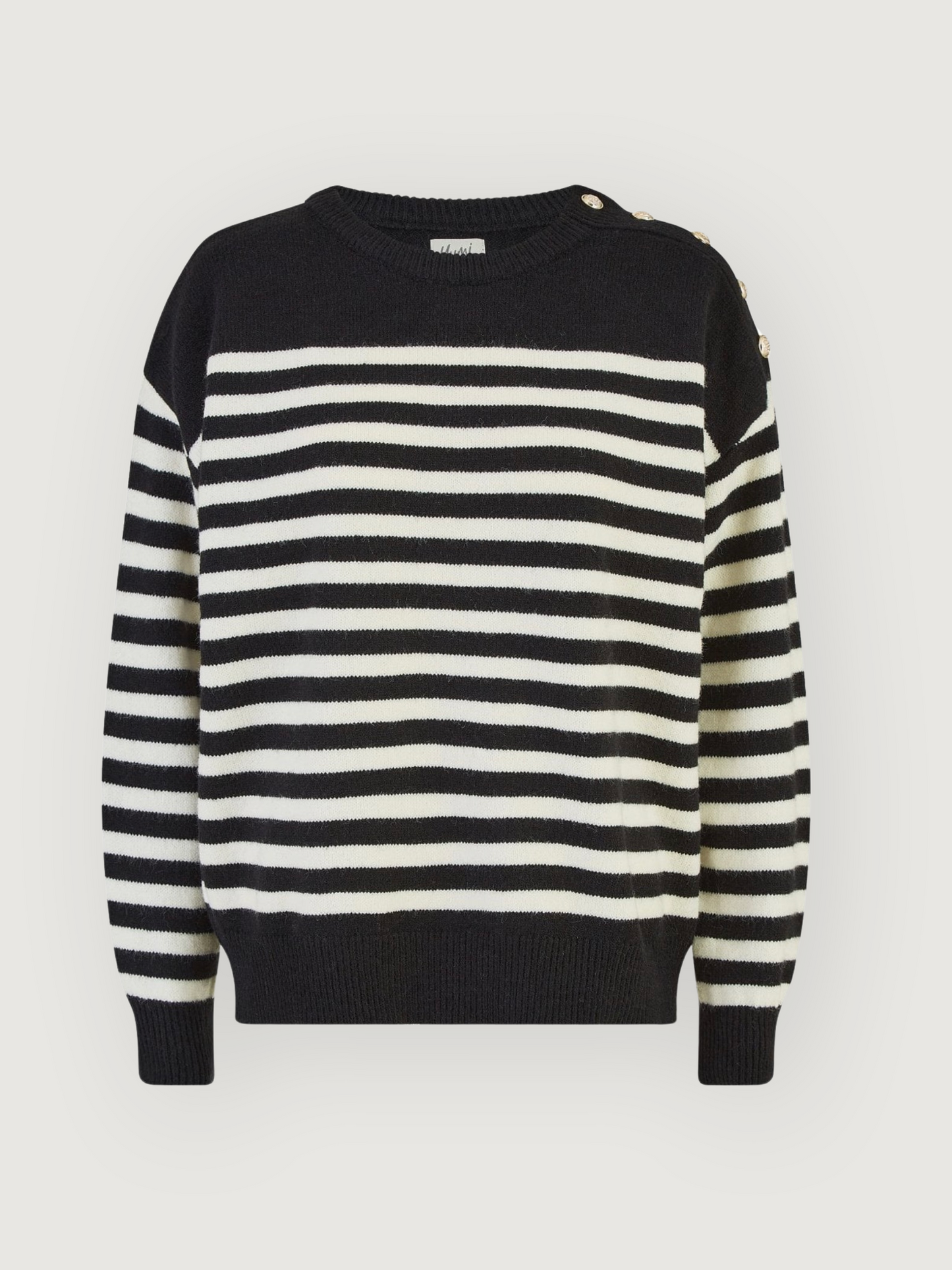 Yumi - Stripe Knitted Relaxed Jumper With Button Details - Black