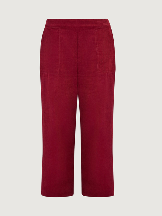 Yumi - Cropped Needlecord Wide Leg Trouser - Burgundy