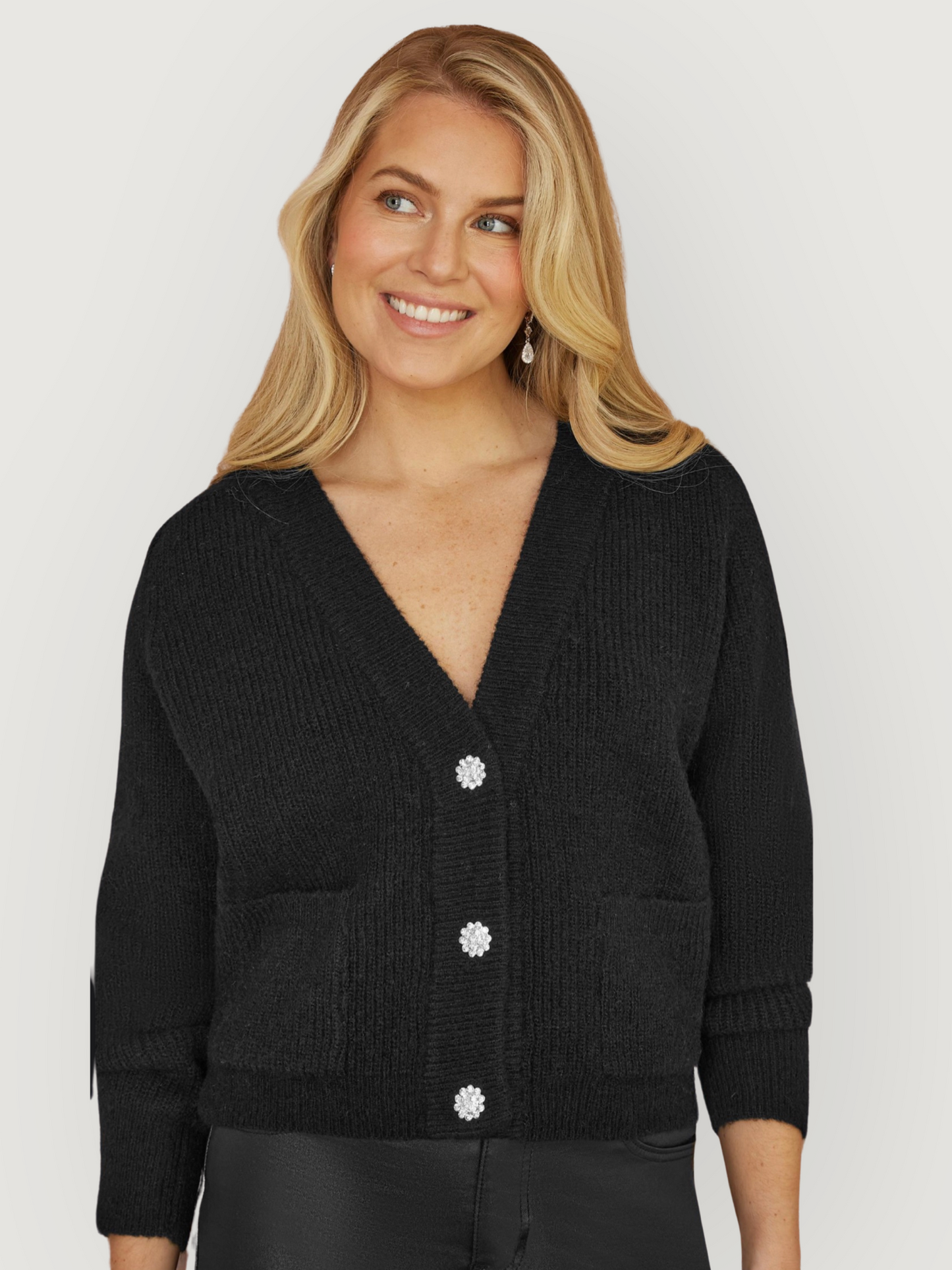 Yumi - Knitted Cardi with Diamanté Buttons - Black