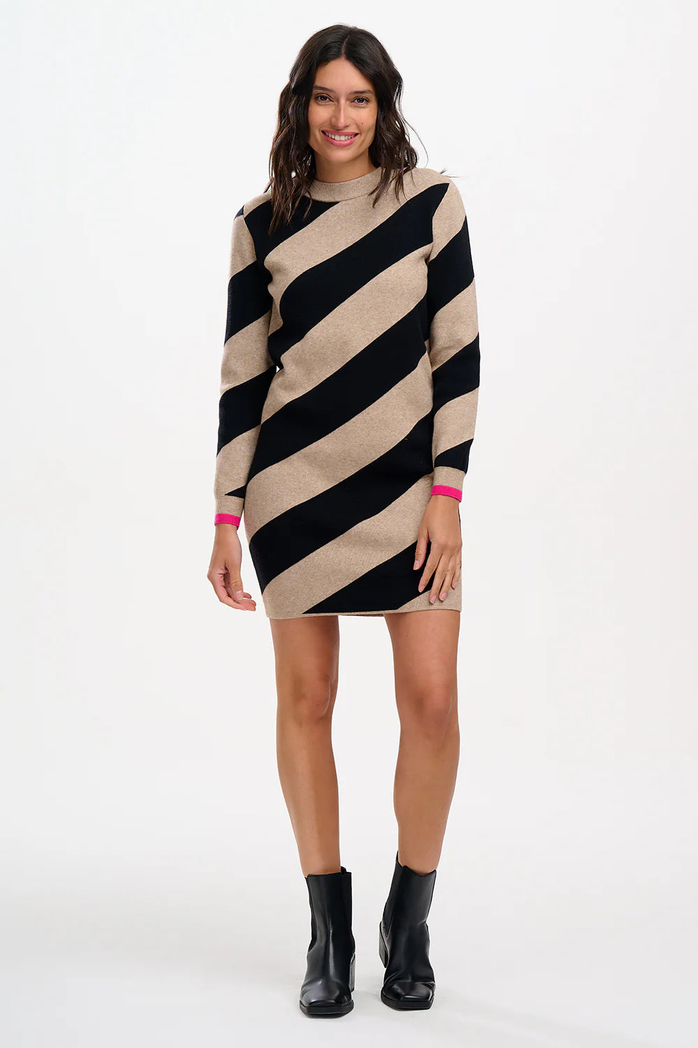 Sugarhill Brighton - Verity Knit Dress - Beige/Black, Diagonal Stripe