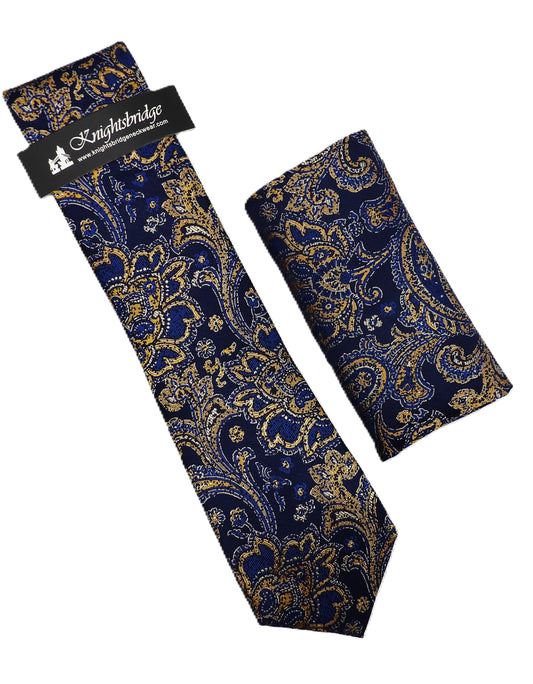Blue/Gold Paisley Tie & Pocket Sqaure