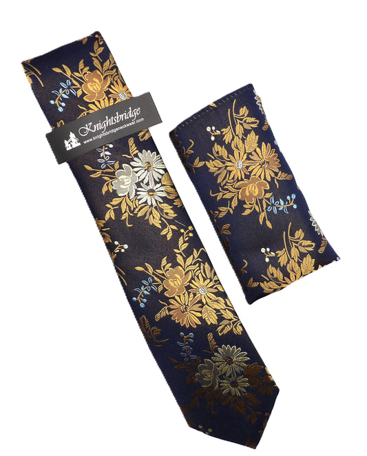 Yellow/Brown Floral Silk Tie & Pocket Square