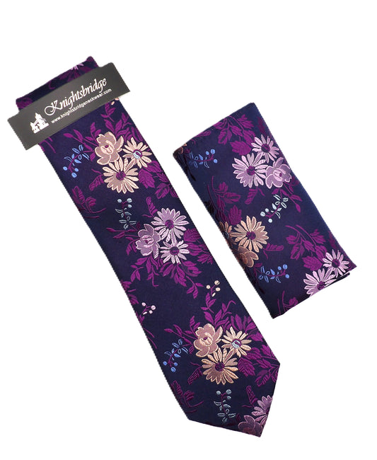 Pink/Purple Floral Silk Tie & Pocket Square