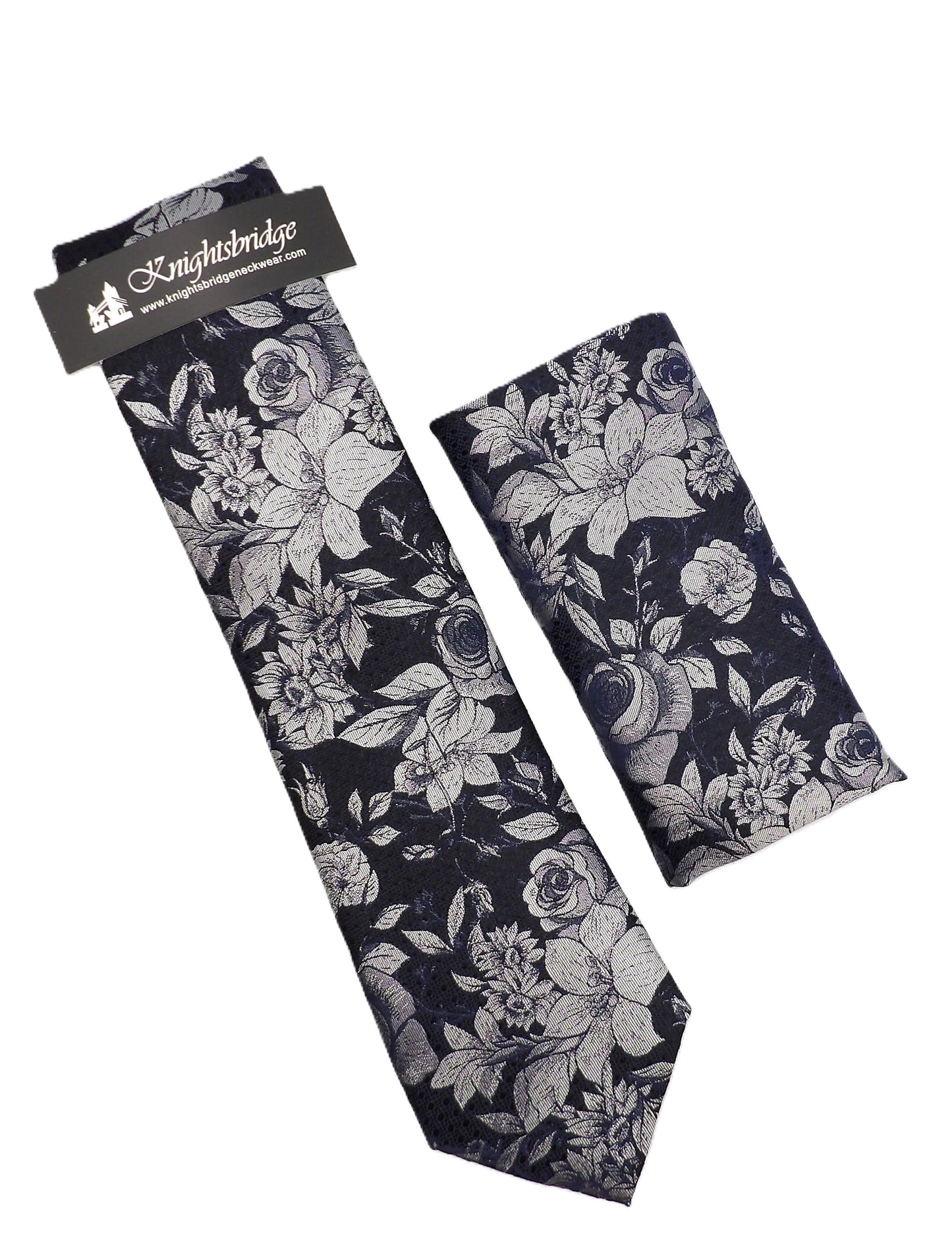Black/Grey Floral Silk Tie & Pocket Square