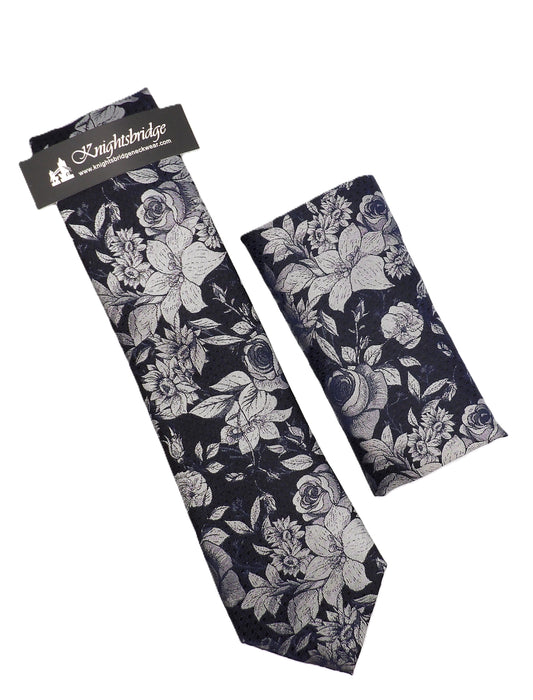 Black/Grey Floral Silk Tie & Pocket Square