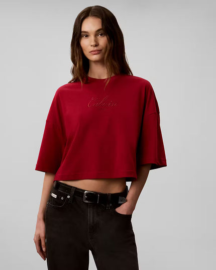 Boxy Crop Script Logo Tee - Rio Red