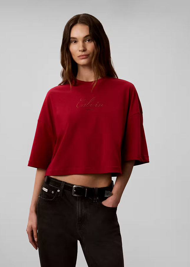 Boxy Crop Script Logo Tee - Rio Red