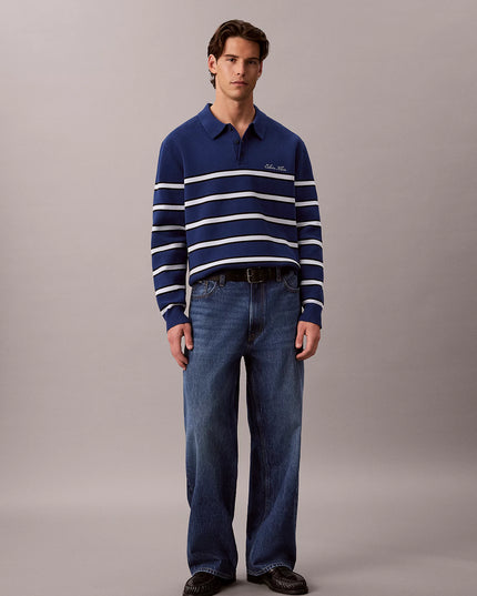 Cotton Stripe Polo Jumper - Estate Blue