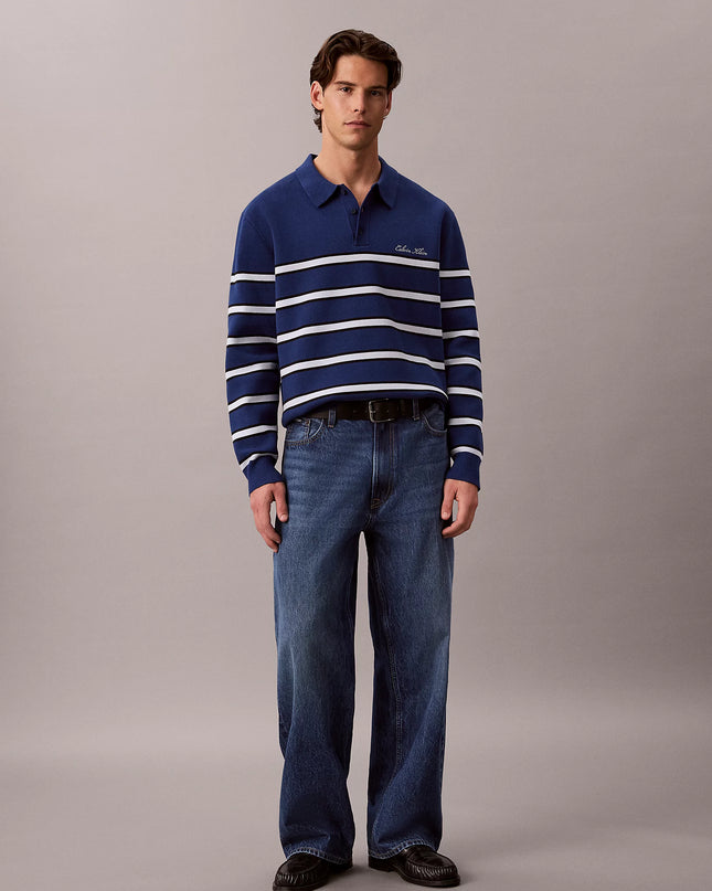 Cotton Stripe Polo Jumper - Estate Blue