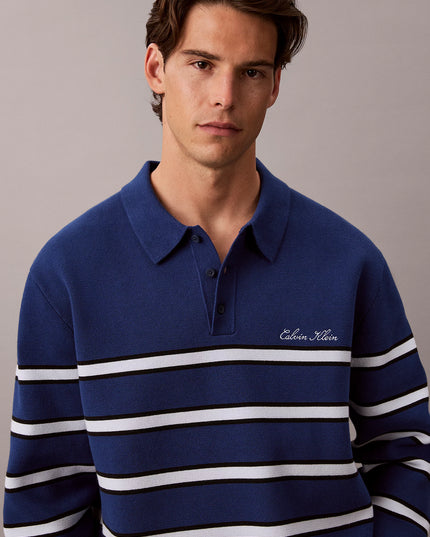 Cotton Stripe Polo Jumper - Estate Blue