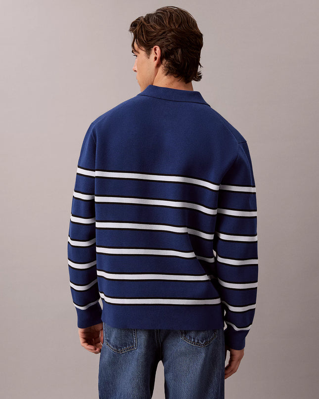 Cotton Stripe Polo Jumper - Estate Blue