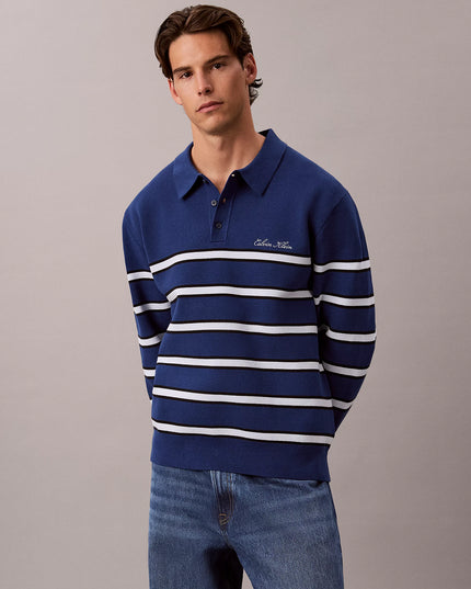 Cotton Stripe Polo Jumper - Estate Blue