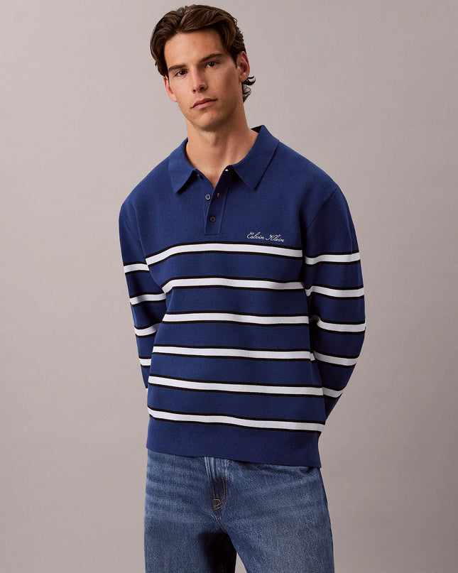 Cotton Stripe Polo Jumper - Estate Blue