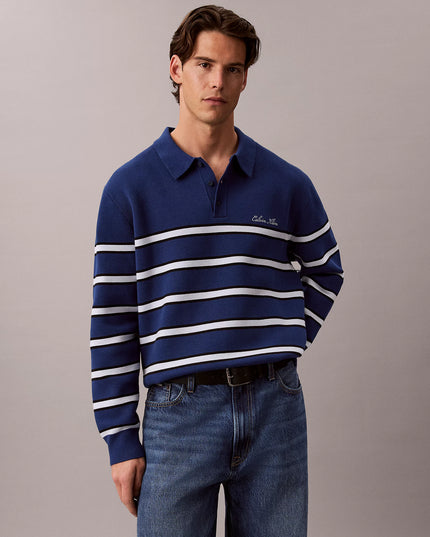 Cotton Stripe Polo Jumper - Estate Blue