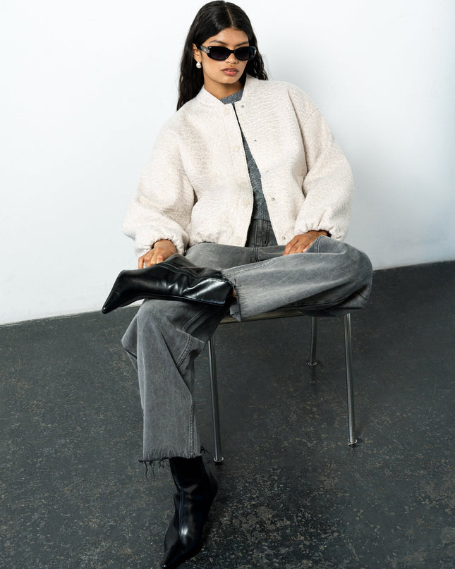 Nellie Oatmeal Textured Bomber Jacket