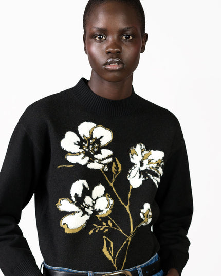 Oriana Recycled Black Floral Jacquard Mock Neck Jumper