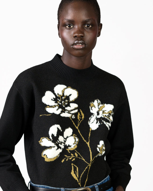Oriana Recycled Black Floral Jacquard Mock Neck Jumper