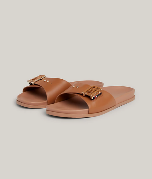 Tommy Hilfiger Monogram Leather Flat Sandals - Summer Cognac