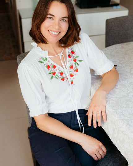 Angelique Shirred Top - Off White, Wild Strawberry