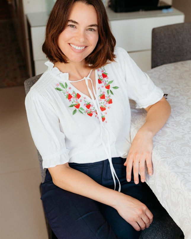 Angelique Shirred Top - Off White, Wild Strawberry