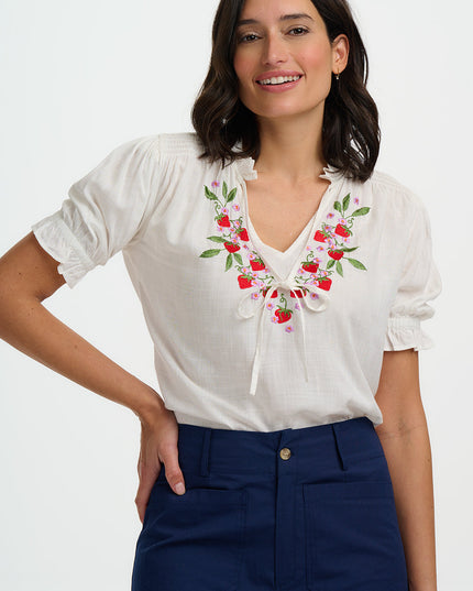Angelique Shirred Top - Off White, Wild Strawberry