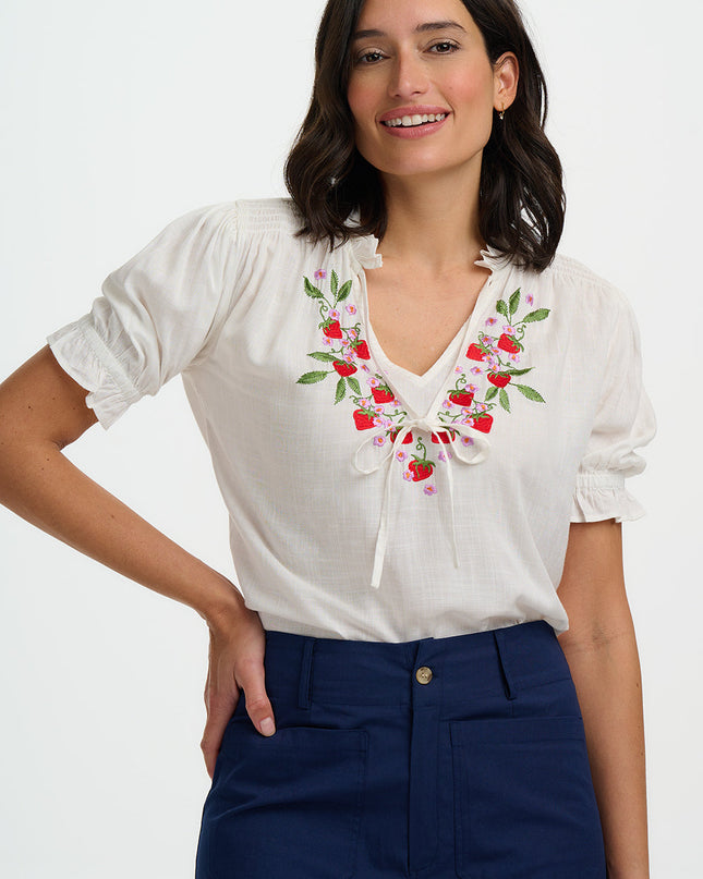 Angelique Shirred Top - Off White, Wild Strawberry