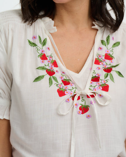 Angelique Shirred Top - Off White, Wild Strawberry