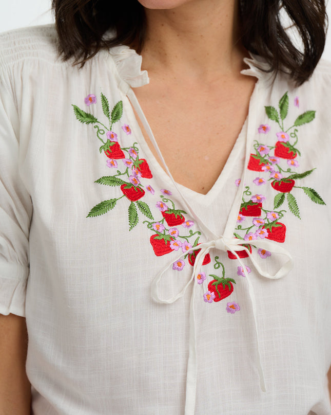 Angelique Shirred Top - Off White, Wild Strawberry
