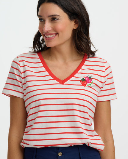Khloe V-Neck T-Shirt - Red/Off White Stripe, Strawberry
