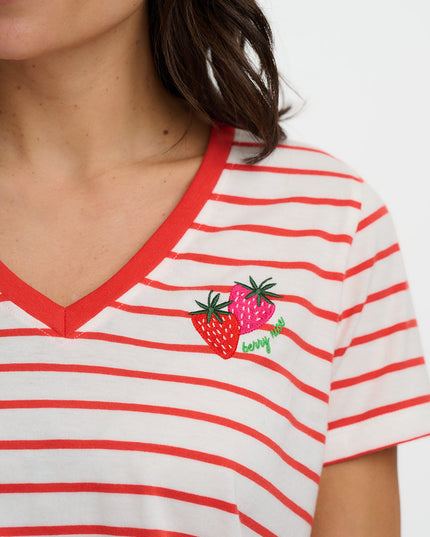 Khloe V-Neck T-Shirt - Red/Off White Stripe, Strawberry