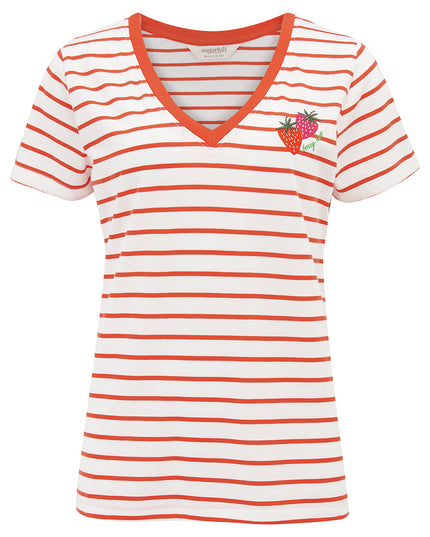 Khloe V-Neck T-Shirt - Red/Off White Stripe, Strawberry