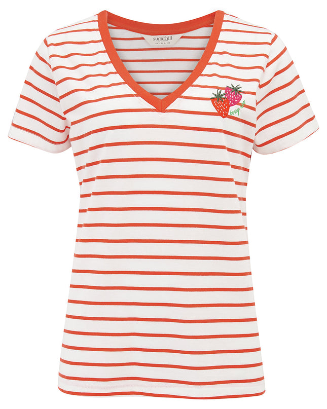 Khloe V-Neck T-Shirt - Red/Off White Stripe, Strawberry