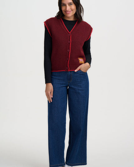 Amber Knit Vest - Burgundy, Red Trim