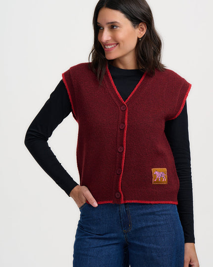 Amber Knit Vest - Burgundy, Red Trim
