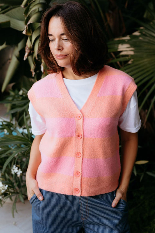 Amber Knit Vest - Peach/Pink, Pastel Stripe