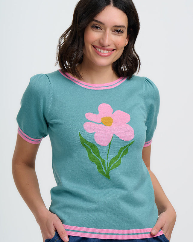 Dominique Knit Top - Green, Art Flower