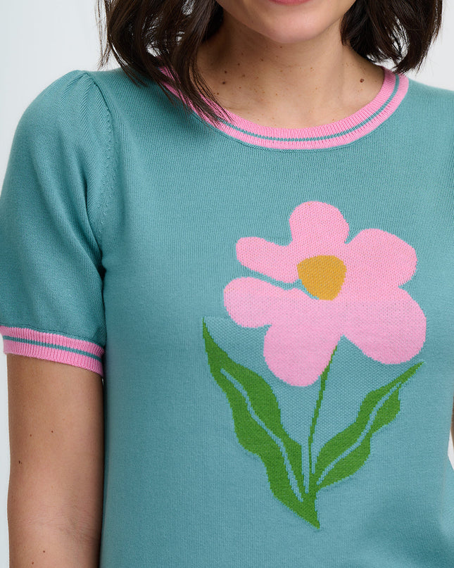 Dominique Knit Top - Green, Art Flower