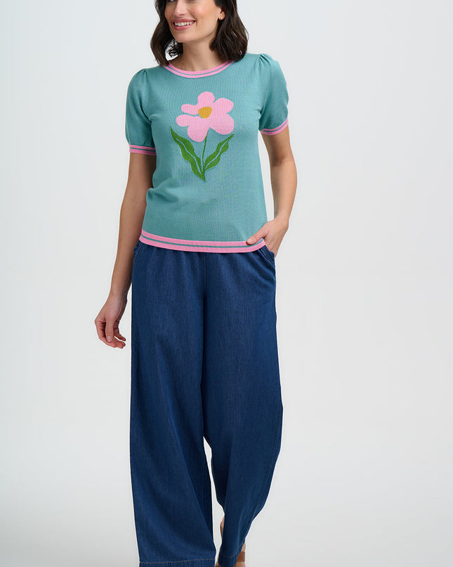 Dominique Knit Top - Green, Art Flower