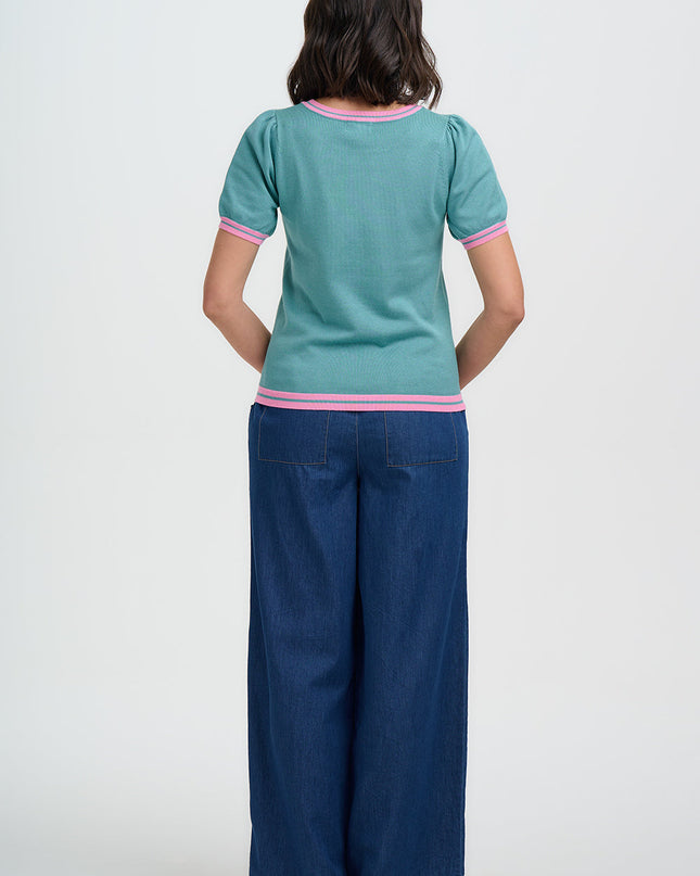 Dominique Knit Top - Green, Art Flower