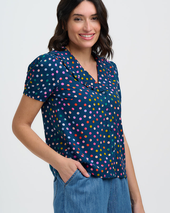 Elaine Frill Blouse - Petrol Navy, Rainbow Marbles