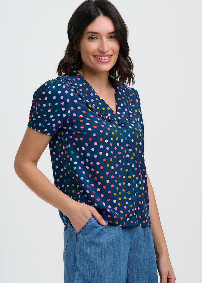 Elaine Frill Blouse - Petrol Navy, Rainbow Marbles